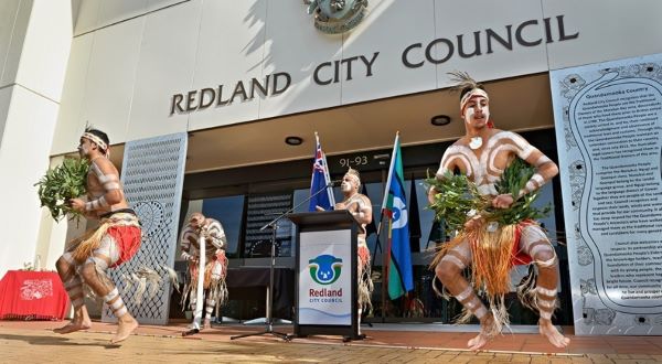 Quandamooka Dancers performing at the Statement of Recognition unveiling ceremony. Photo: Mick Richards.